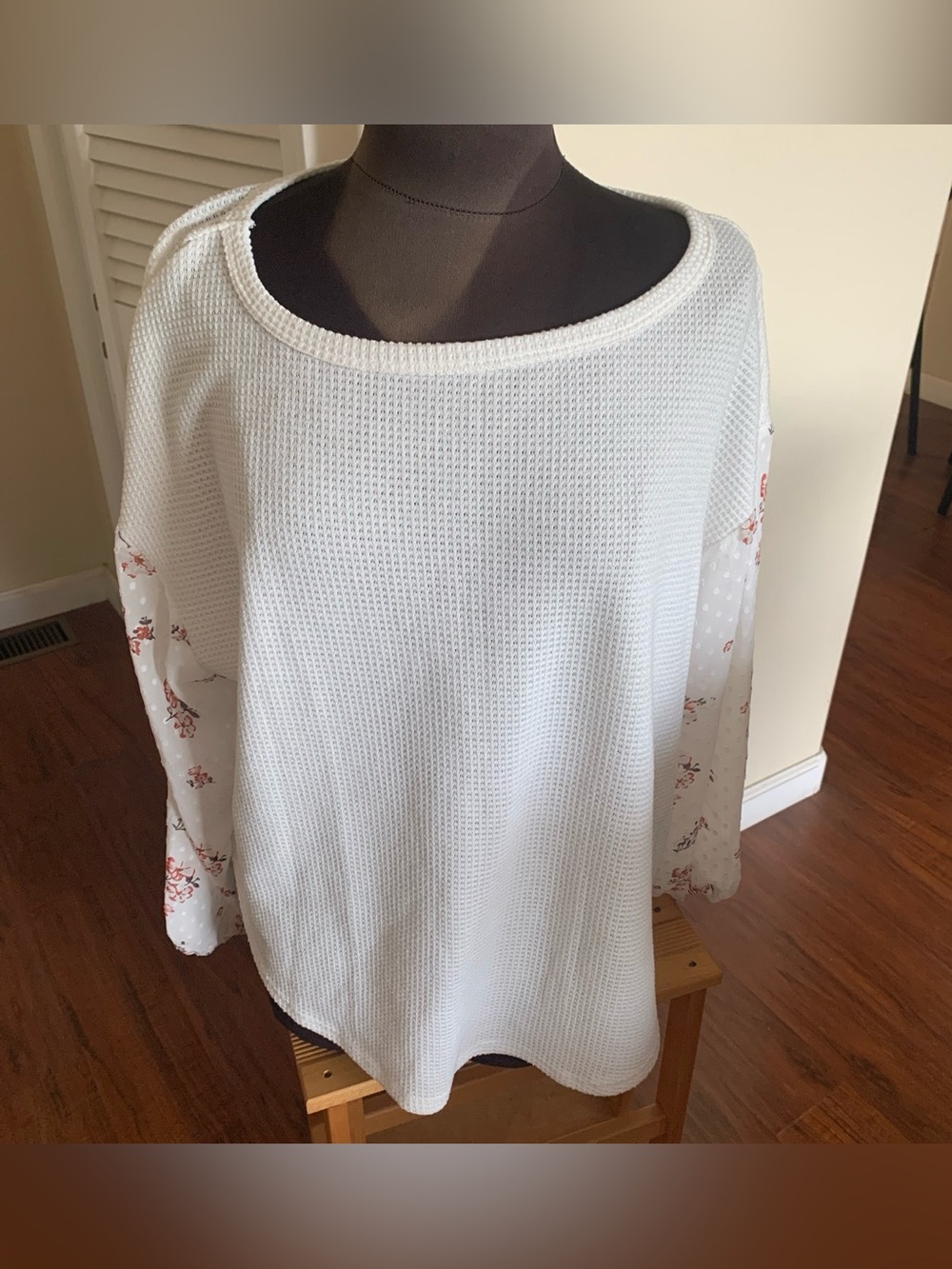 White Waffle-Knit Scoop Neck Sweater with Floral Sheer Sleeves